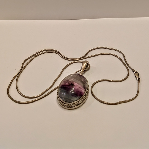 Silver Framed Fluorite Crystal With Silver Necklace - Picture 2 of 7